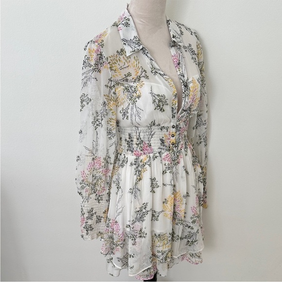 Free People Sheer Floral Long Sleeve Dress - White and Pink - Picture 3 of 9